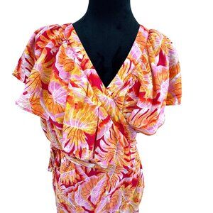 Gibson Latimer Linen Wrap Dress Womens Size XL Tropical Ruffle Tulip Hem Resort